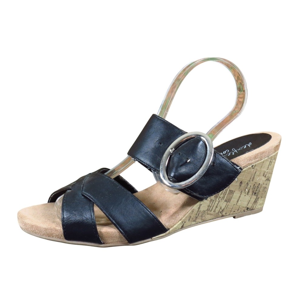 DexFlex Comfort Circle Women Wedge Sandal Size 7.5 Casual Dressy Black Synthetic